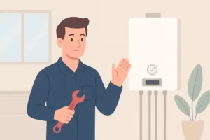 heating engineer next to a broken boiler