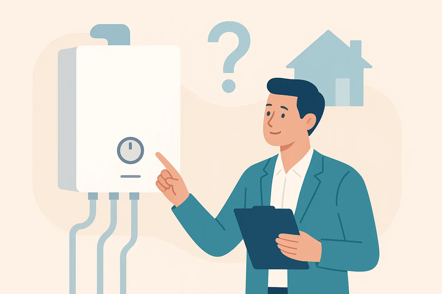 illustration of a boiler with engineers and ? on wall