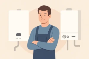 illustration of a combi boiler and a system boiler with a heating engineer in between