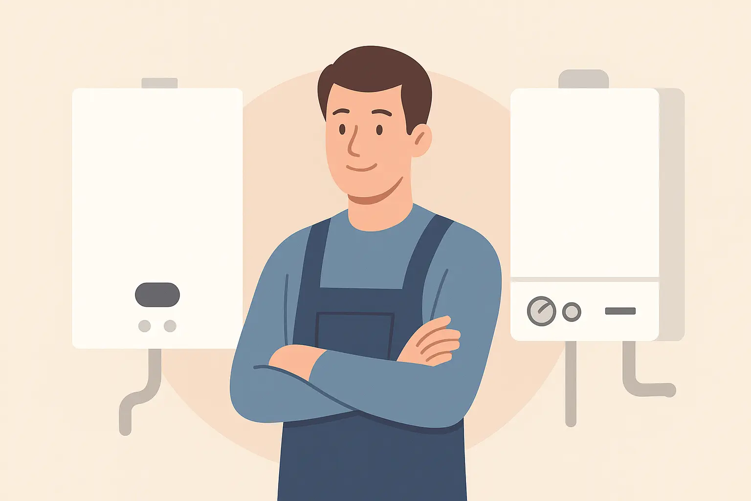 illustration of a combi boiler and a system boiler with a heating engineer in between