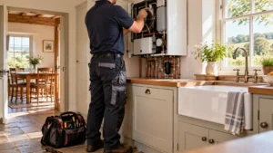 heating engineer servicing a wall mounted boiler in a kitchen