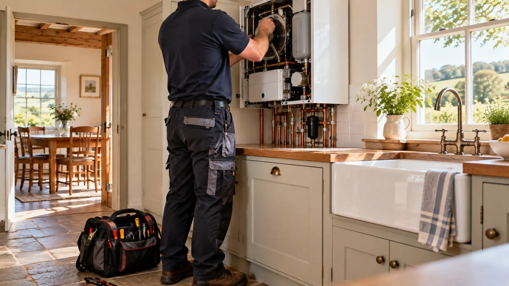 heating engineer servicing a wall mounted boiler in a kitchen