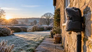 Lagged outside tap with an insulated cover on the wall of a Herefordshire stone farmhouse on a frosty morning