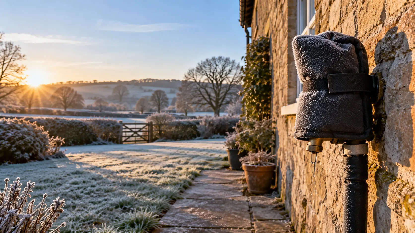 Lagged outside tap with an insulated cover on the wall of a Herefordshire stone farmhouse on a frosty morning