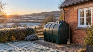 oil tank next to a house wall surrounded by fields