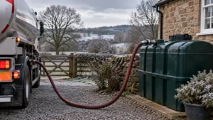Oil delivery hose connected to a green bunded oil tank behind a Herefordshire cottage on a cold winter afternoon